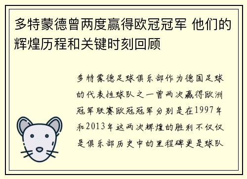 多特蒙德曾两度赢得欧冠冠军 他们的辉煌历程和关键时刻回顾